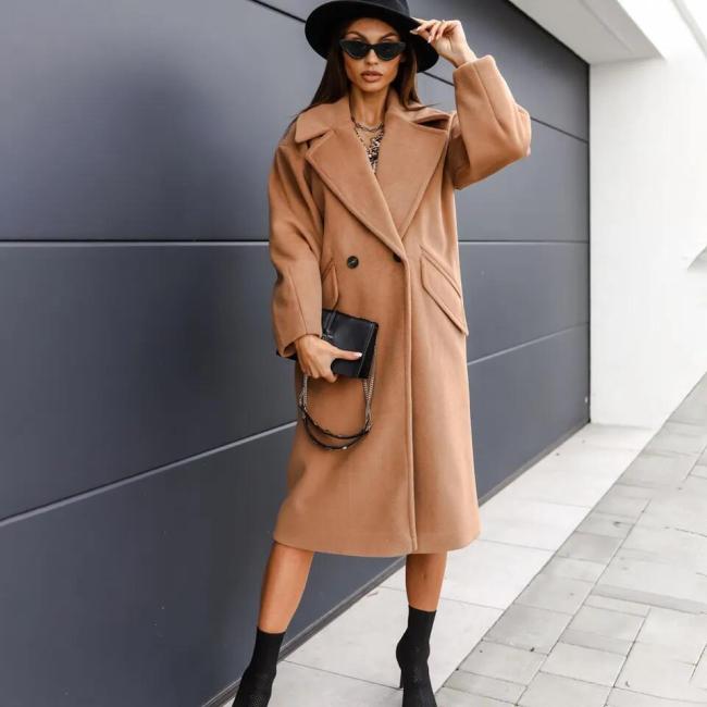 Fall and Winter Woman′s Coats Ladies Jackets Double Cotton Solid Turn Down Collar Long Coats for Women