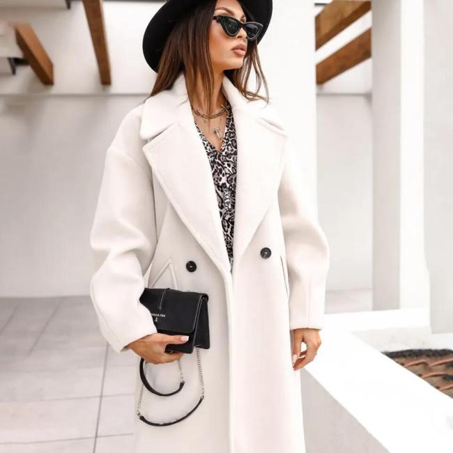 Fall and Winter Woman′s Coats Ladies Jackets Double Cotton Solid Turn Down Collar Long Coats for Women