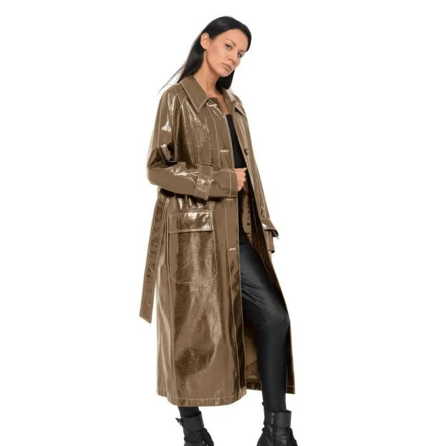 Wine Red Trench Women′s Slim Motorcycle PU Leather Coat Long Slim with Belt Women′s Leather Trench Coats