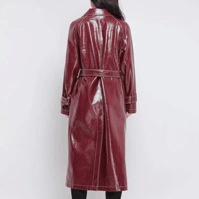 Wine Red Trench Women′s Slim Motorcycle PU Leather Coat Long Slim with Belt Women′s Leather Trench Coats