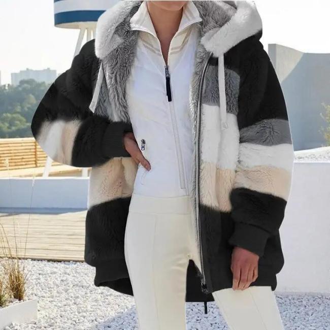 Winter Warm Women′s Jacket Plush Patchwork Zipper Women′s Coats Casual Hooded Loose Jacket for Women