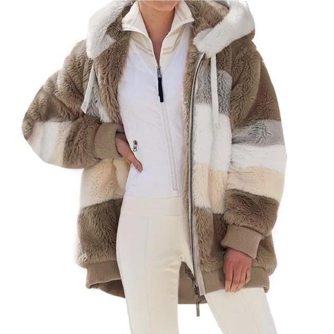 Winter Warm Women′s Jacket Plush Patchwork Zipper Women′s Coats Casual Hooded Loose Jacket for Women