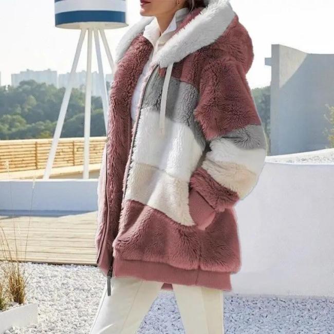 Winter Warm Women′s Jacket Plush Patchwork Zipper Women′s Coats Casual Hooded Loose Jacket for Women