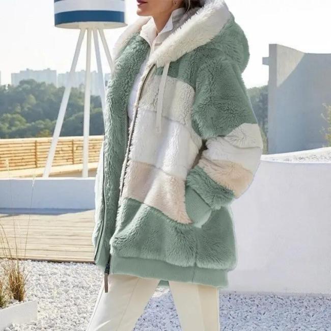 Winter Warm Women′s Jacket Plush Patchwork Zipper Women′s Coats Casual Hooded Loose Jacket for Women