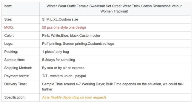 Winter Wear Outfit Female Sweatsuit Set Street Wear Thick Cotton Rhinestone Velour Women Tracksuit