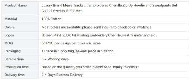 Luxury Brand Men′s Tracksuit Embroidered Chenille Zip up Hoodie and Sweatpants Set Casual Sweatsuit for Men