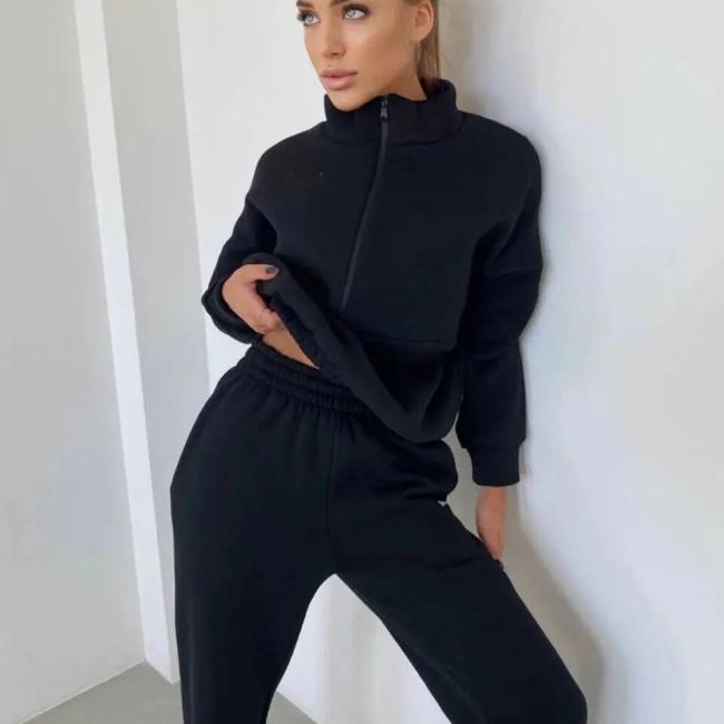 Fall Winter Women Plain Tracksuits Casual Two Piece Crop Top Hoodies and Pants Set Fleece Custom Blank Tracksuit for Women