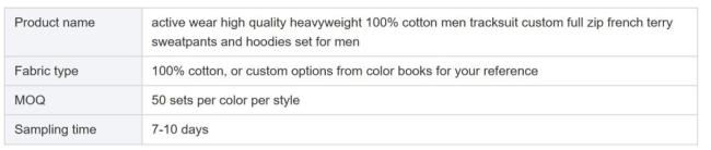 Active Wear High Quality Heavyweight 100% Cotton Men Tracksuit Custom Full Zip Sweatpants and Hoodies Set for Men