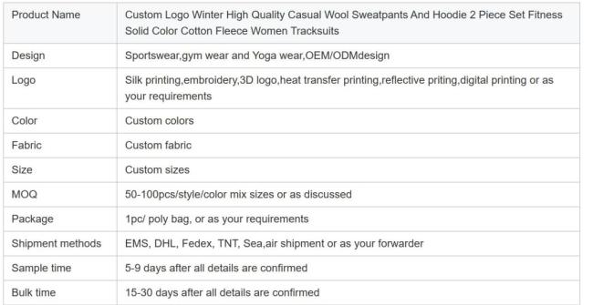 Custom Logo Winter High Quality Casual Wool Sweatpants and Hoodie 2 Piece Sets Fitness Solid Color Cotton Fleece Women Tracksuit