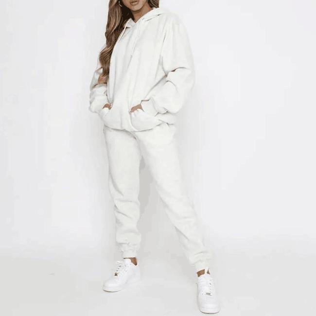 Custom Logo Winter High Quality Casual Wool Sweatpants and Hoodie 2 Piece Sets Fitness Solid Color Cotton Fleece Women Tracksuit