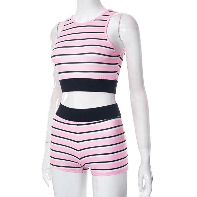 Fitness Women Two Piece Sets Sleeveless Trend Tank Top+High Waist Shorts Bodycon Patchwork Sportswear Tracksuit Suit