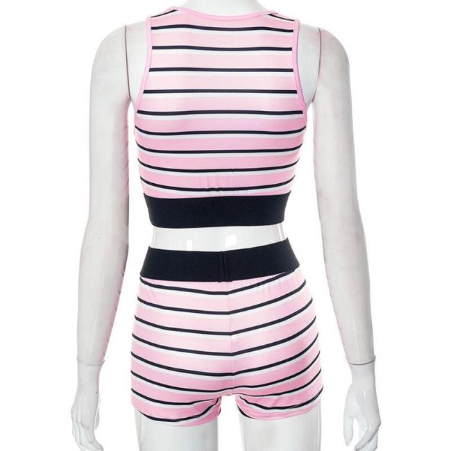 Fitness Women Two Piece Sets Sleeveless Trend Tank Top+High Waist Shorts Bodycon Patchwork Sportswear Tracksuit Suit
