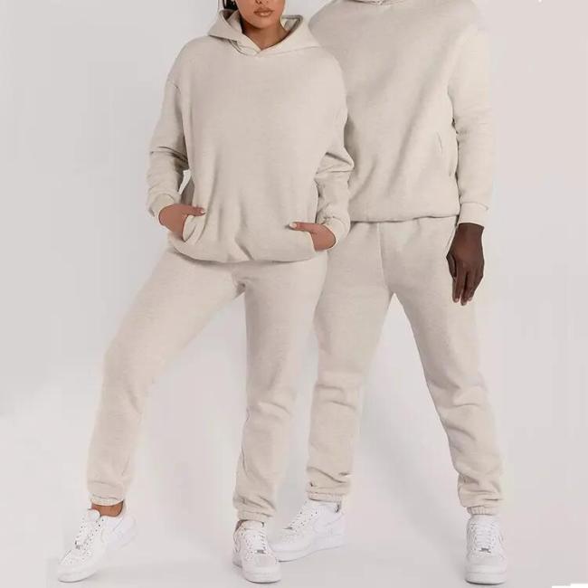 Custom Logo Jogger 100% Cotton Women Sportswear White Unisex Men Sweatsuit Tracksuit Hoodie Set