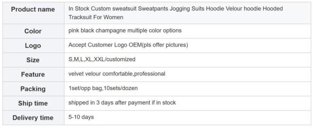 High Quality Velvet Custom Zip Hoodie Joggers Two Piece Velour Tracksuit Women