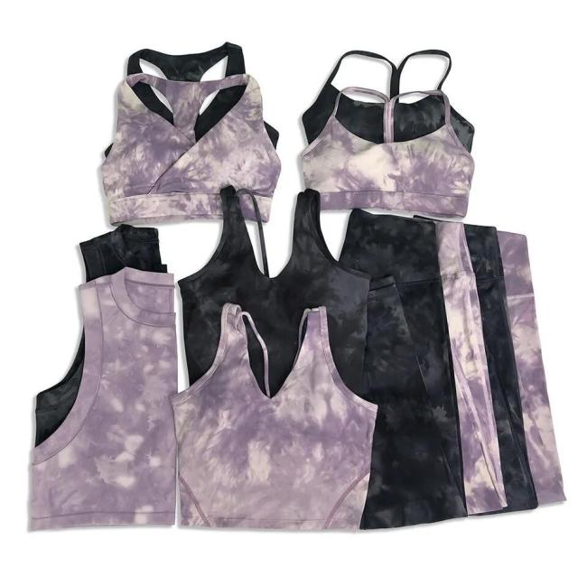 Custom Logo 5 Pieces Yoga Set Tie Dye Sports Bra and Legging Set Workout Yoga Fitness Wear Sets for Women