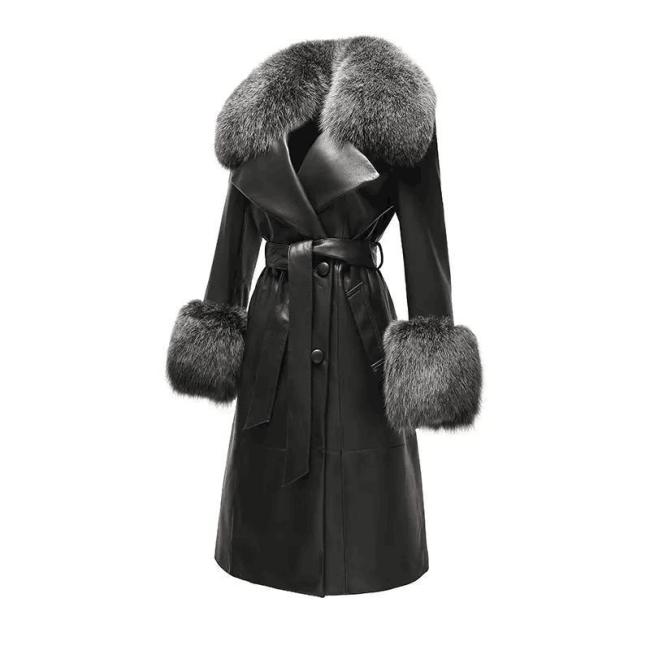 Winter Fox Fur Collar Cuffs Women Long Leather Jacket Black Genuine Sheepskin Trench Leather Fur Coats for Ladies