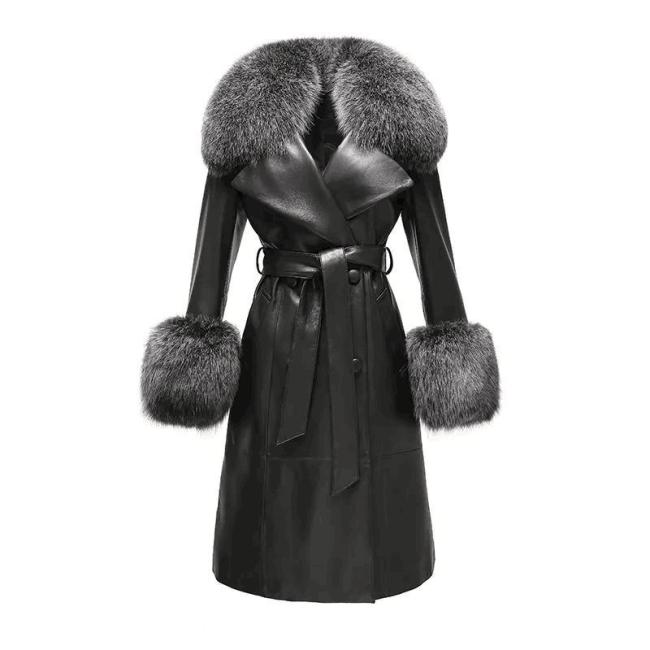 Winter Fox Fur Collar Cuffs Women Long Leather Jacket Black Genuine Sheepskin Trench Leather Fur Coats for Ladies