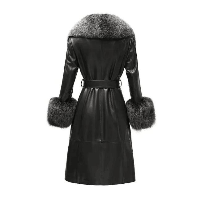Winter Fox Fur Collar Cuffs Women Long Leather Jacket Black Genuine Sheepskin Trench Leather Fur Coats for Ladies