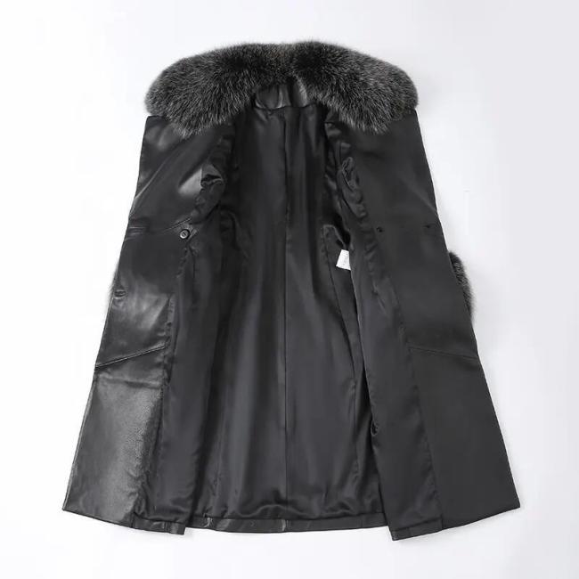 Winter Fox Fur Collar Cuffs Women Long Leather Jacket Black Genuine Sheepskin Trench Leather Fur Coats for Ladies