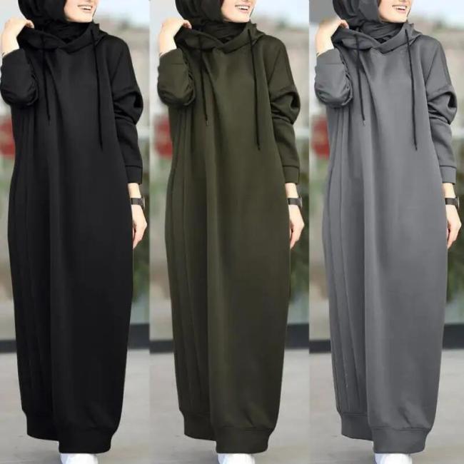 Solid Color of Long Style Set Islamic Clothing Autumn Winter Hooded Coat for Abaya Women Muslim Dress and Lady Hoodies Coat