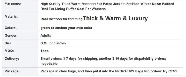 High Quality Thick Warm Raccoon Fur Parka Jackets Fashion Winter Down Padded Real Fur Lining Puffer Coat for Womens