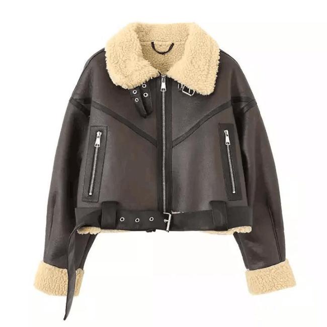 Custom Cropped Leather Jacket Vintage Women′s Motor Jackets Brand Quality Sherpa Warm Bomber Coat for Women Winter