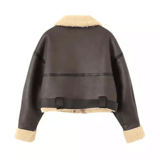Custom Cropped Leather Jacket Vintage Women′s Motor Jackets Brand Quality Sherpa Warm Bomber Coat for Women Winter