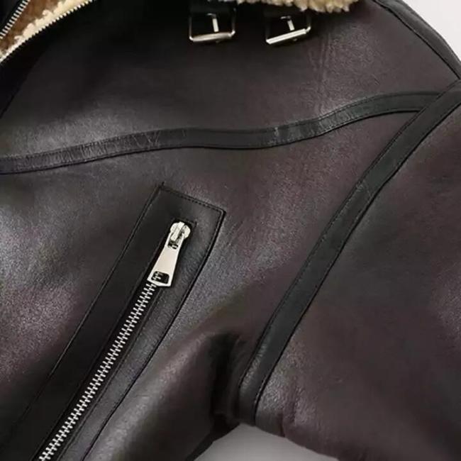 Custom Cropped Leather Jacket Vintage Women′s Motor Jackets Brand Quality Sherpa Warm Bomber Coat for Women Winter