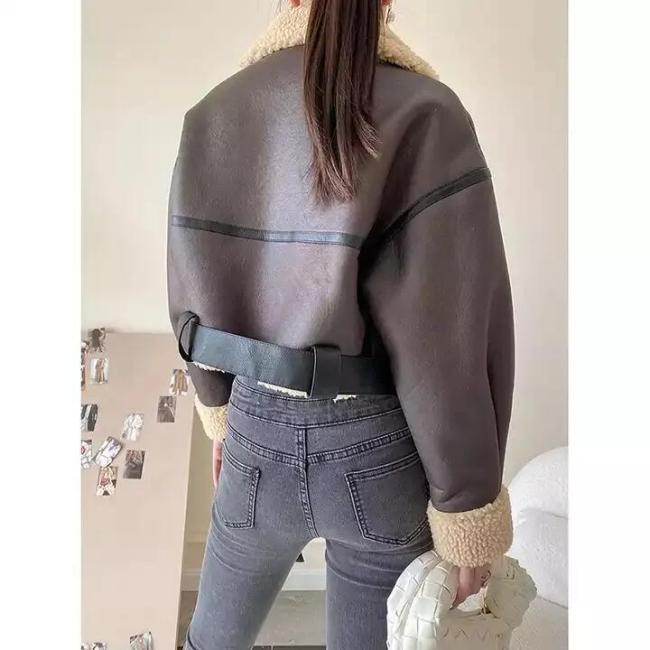 Custom Cropped Leather Jacket Vintage Women′s Motor Jackets Brand Quality Sherpa Warm Bomber Coat for Women Winter
