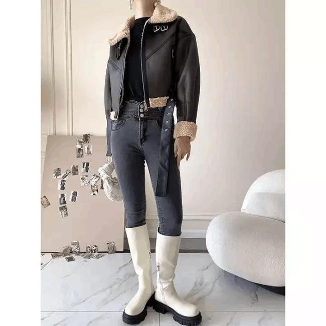 Custom Cropped Leather Jacket Vintage Women′s Motor Jackets Brand Quality Sherpa Warm Bomber Coat for Women Winter