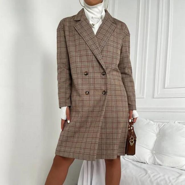 Office Ladies Notched Collar Plaid Coat Women Blazer Double Breasted Trench Winter Jacket 2021 Casual Long Coats for Ladies