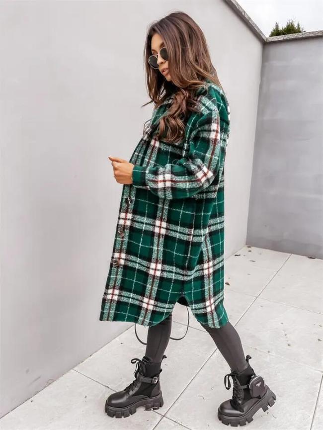 Autumn Winter Coats for Women 2023 Lapel Pocket Long Plaid Shirt Jacket Coat Woolen Fleece Plaid Long Coats for Women