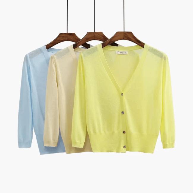 Women′s Summer Knitwear Thin Cardigan Ice Silk Seven-Point Sleeve with Candy-Colored Sunblock Coat for Women