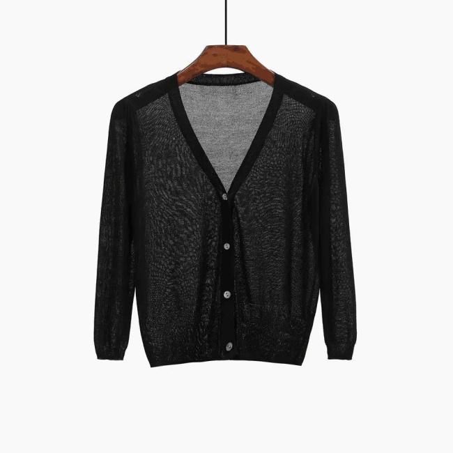 Women′s Summer Knitwear Thin Cardigan Ice Silk Seven-Point Sleeve with Candy-Colored Sunblock Coat for Women