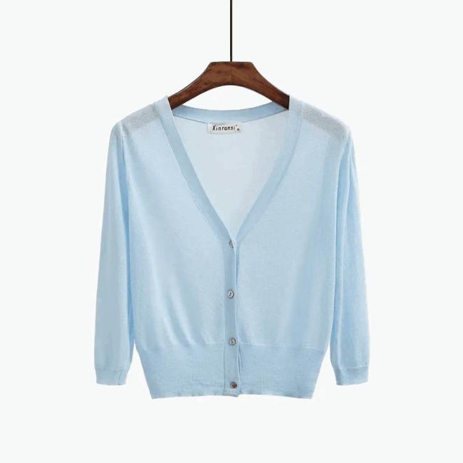 Women′s Summer Knitwear Thin Cardigan Ice Silk Seven-Point Sleeve with Candy-Colored Sunblock Coat for Women