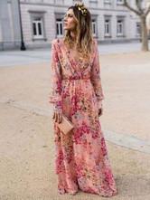 China Long Sleeve Floral Casual Dress OEM Polyester V Neck Maxi Dresses for sale