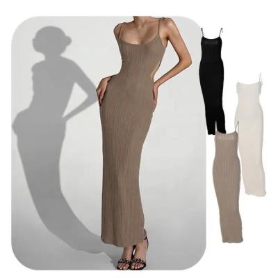 China Ribbed Backless Long Night Dress Slim Sexy Sleeveless Round Collar for sale
