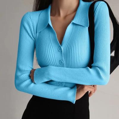 China                  Women 2023 New Lapel Slim Slimming Tops Ladies Hollow Buttons Sexy V Neck Long Sleeve Polo Neck Knit Cardigan Sweater Women              for sale