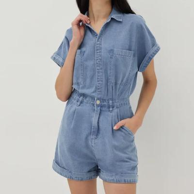 China                  Summer Women Short Sleeve Romper Fashion Casual Blank Button up Playsuit Denim Short Jumpsuit              for sale