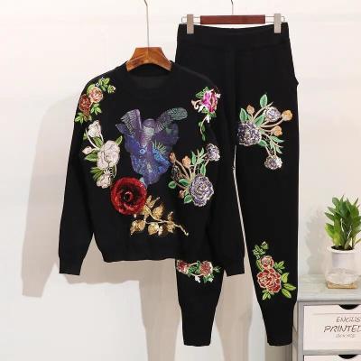 China                  High Quality Sequins Flower Long-Sleeved Knitwear Sweater Casual Pants 2 Piece Knit Set Women Autumn and Winter Tracksuit              for sale
