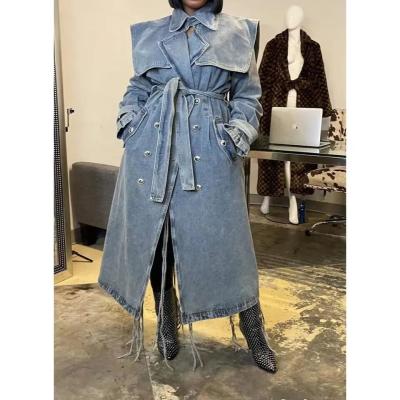 China                  High End Fashion Winter Loose Blue Denim Jacket Windbreaker Trench Ladies Long Coat for Women              for sale