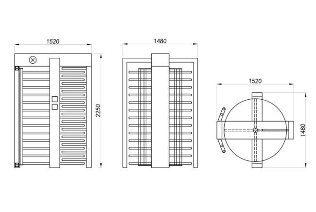Technical diagram showing dimensions and measurements of the full-height turnstile system