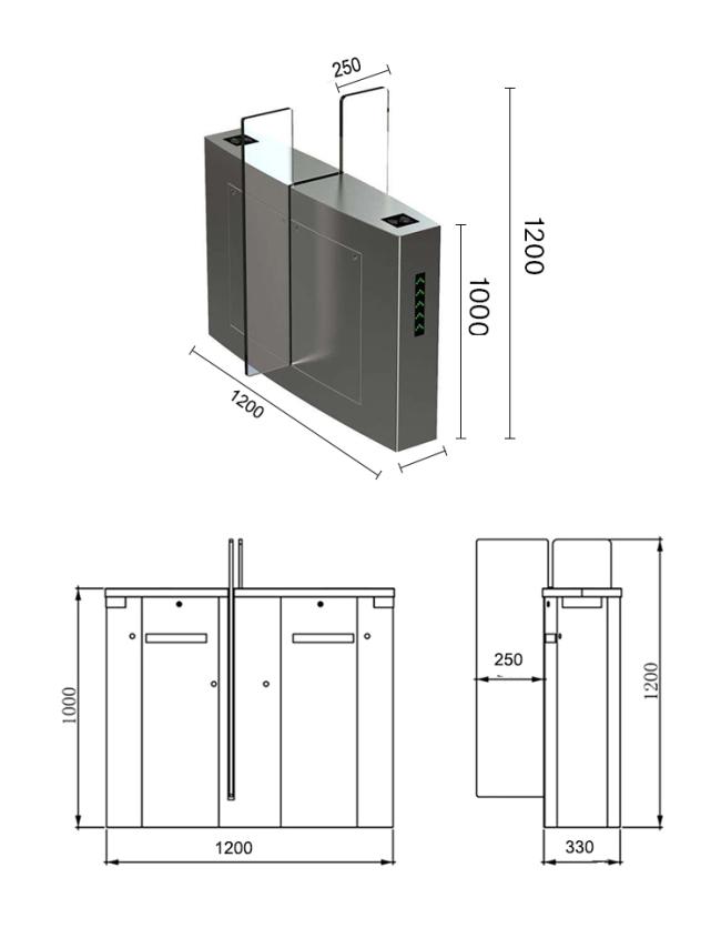 Double Lane IP54 Flap Sliding Barrier Turnstile - Detailed Dimension Diagram