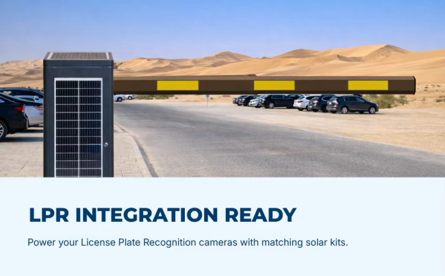 Close-up view of barrier gate mechanism and solar panel components