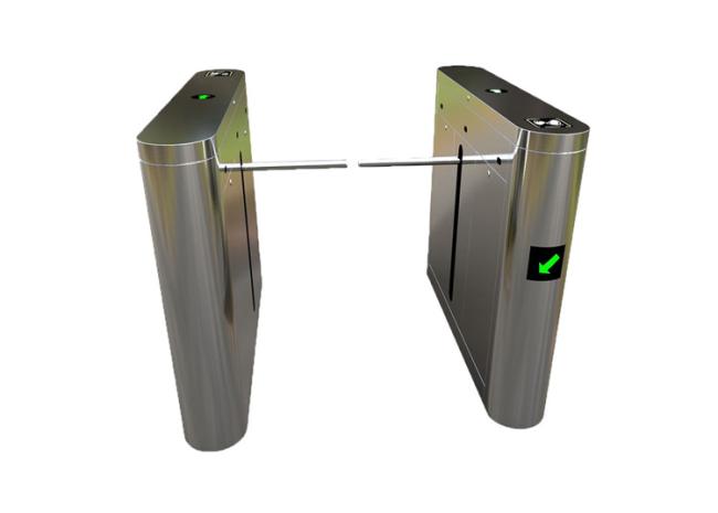 Side view showing turnstile mechanism and access control features