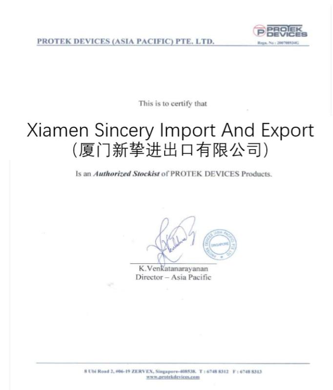 ProTek Devices Agency Certificate - Xiamen Sincery Im.& Ex. Co., Ltd.