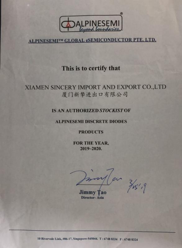 Alpinesemi Agency Certificate - Xiamen Sincery Im.& Ex. Co., Ltd.