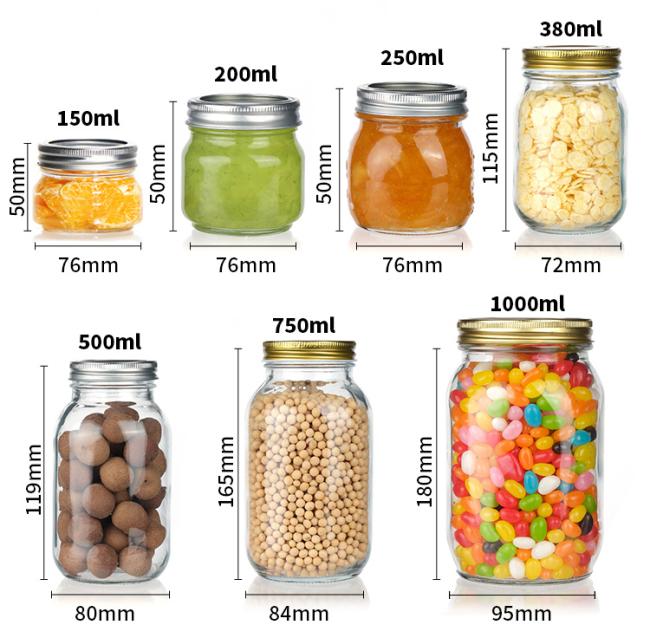 High Quality 300ml 600ml 750ml Large Clear Glass Mason Jar with Metal Lid