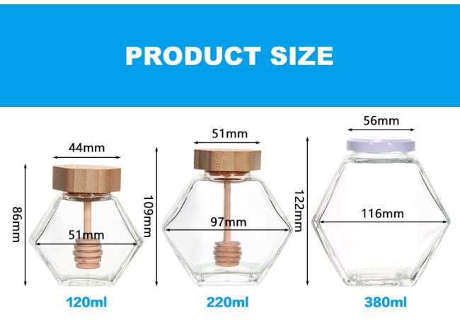 100ml 220ml 380ml Bamboo Cover Empty Hexagon Natural Royal Honey Jar Glass Honey Container with Dipper