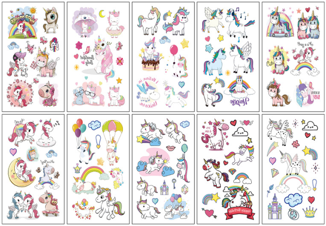 Cartoon Uni-Corn Temporary Tattoo Stickers Water-Proof Body Art for Kids Cute Children & Mermaid Dinosaur Animals